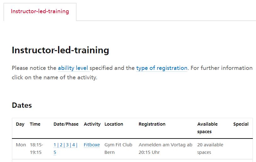 Training mit Einschreibeliste