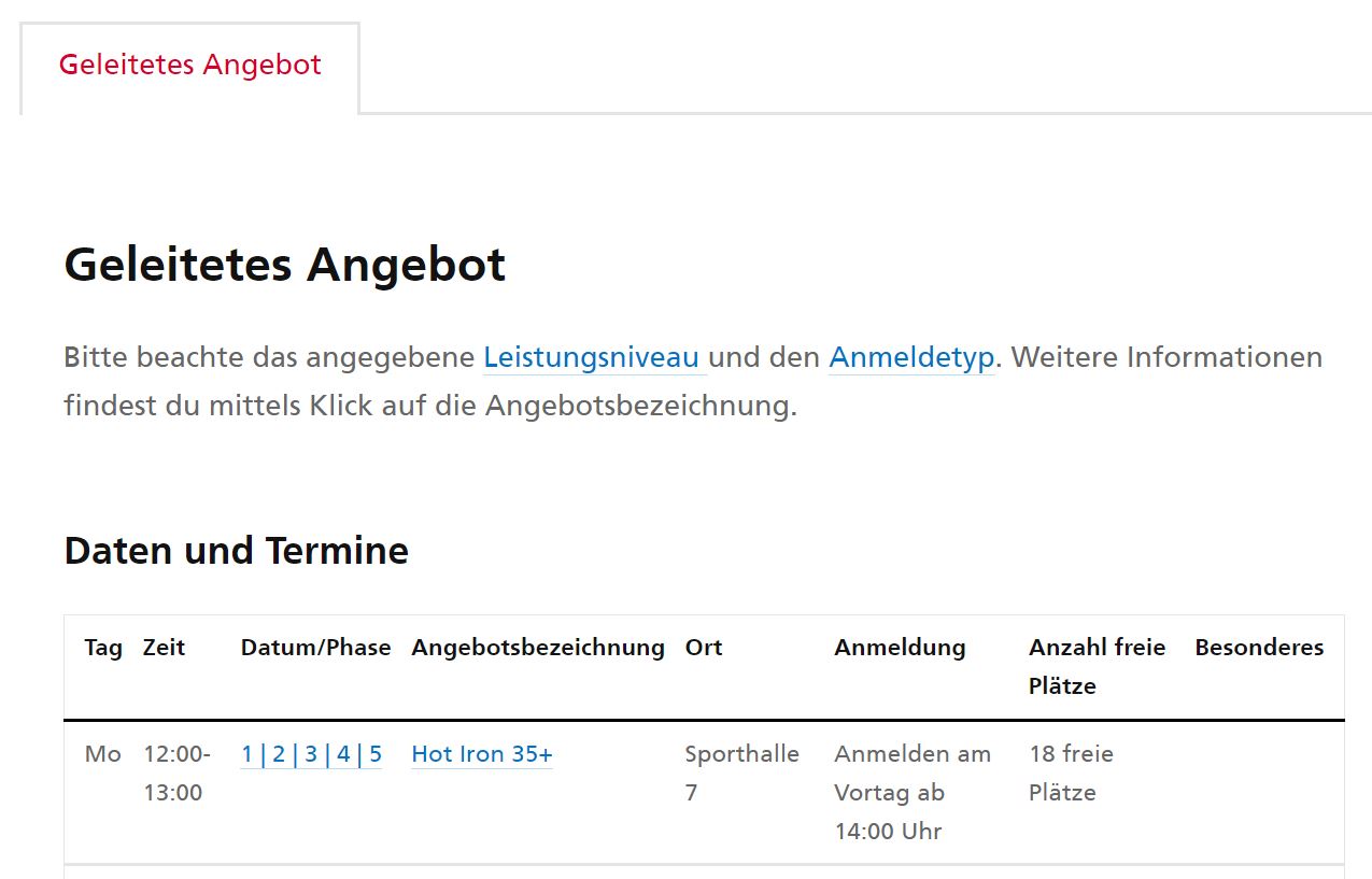 Training mit Einschreibeliste